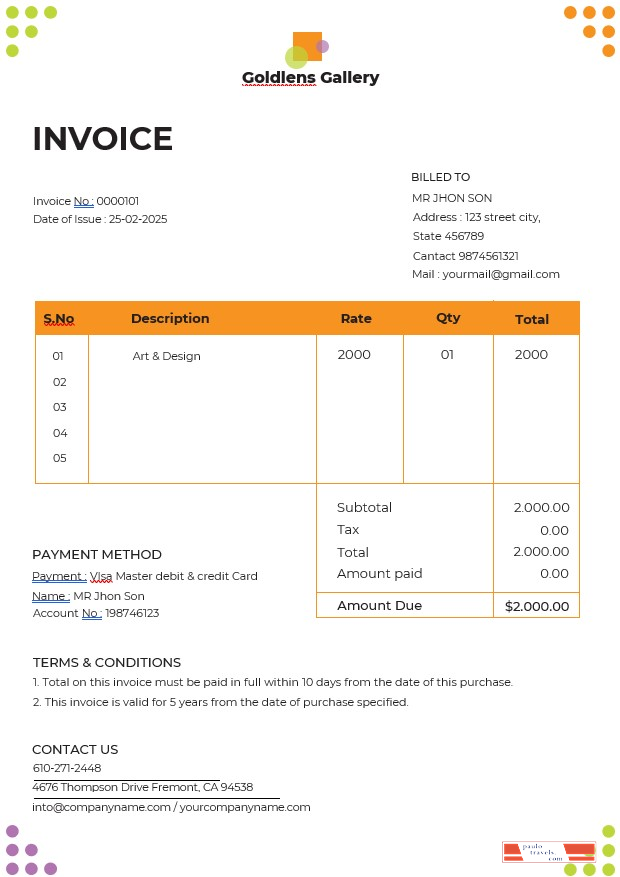 Photo Art Gallery Invoice Template PSD template